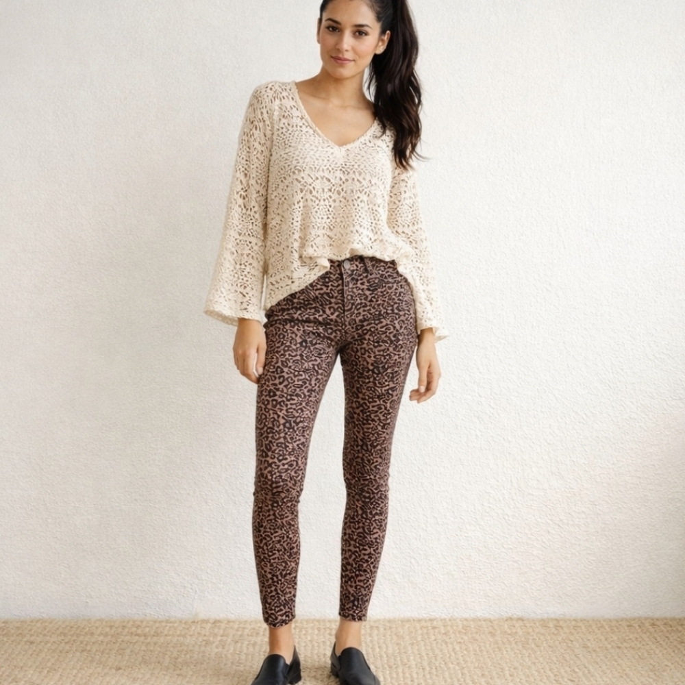 new Rewash Jeans Brown Leopard Print "Frankie" Mid Rise Skinny Pants NWT W26 L28